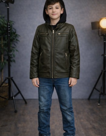 Boys' Leather Jacket with Fur Lining 5127  - khaki