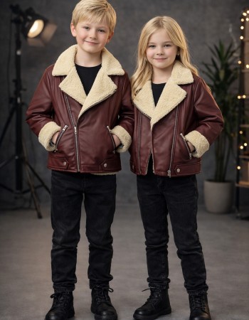 Kids' Unisex Fur-Lined Leather Jacket 5128  - burgundy