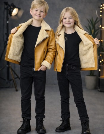 Kids' Unisex Fur-Lined Leather Jacket 5128  - yellow
