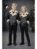 Unisex Kinder Lederjacke mit Fellfutter 5128  - Schwarz