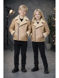 Unisex Kinder Lederjacke mit Fellfutter 5128  - Beige