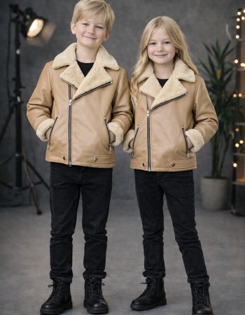 Unisex Kinder Lederjacke mit Fellfutter 5128  - Beige