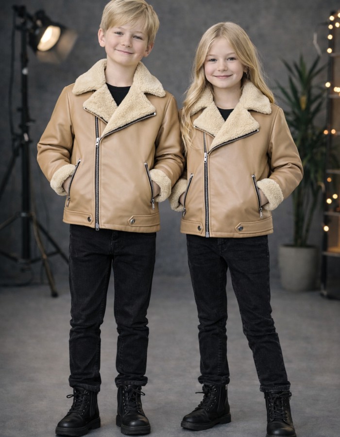 5128 جاكيت جلد ياقة فرو ولادي  - beige