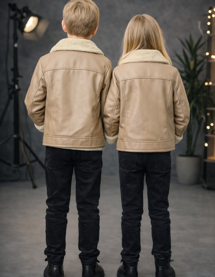 5128 جاكيت جلد ياقة فرو ولادي  - beige