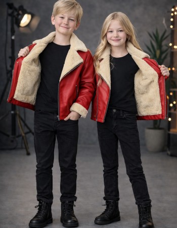 Kids' Unisex Fur-Lined Leather Jacket 5128  - red