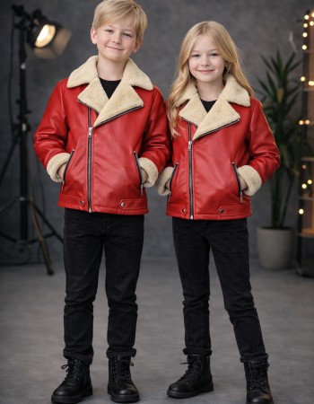 Kids' Unisex Fur-Lined Leather Jacket 5128  - red