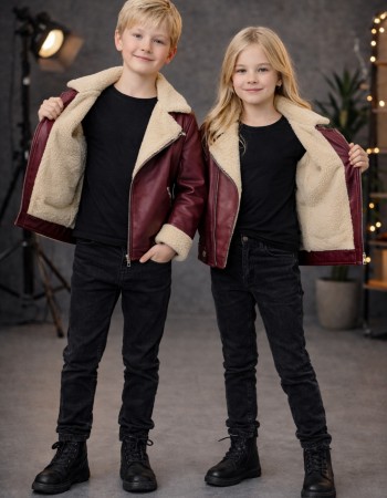 Kids' Unisex Fur-Lined Leather Jacket 5128  - burgundy