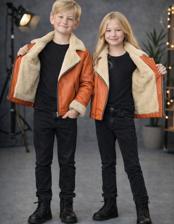 Unisex Kinder Lederjacke mit Fellfutter 5128  - Rosa