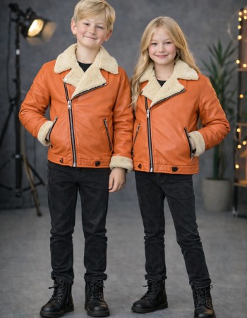 Unisex Kinder Lederjacke mit Fellfutter 5128  - Rosa