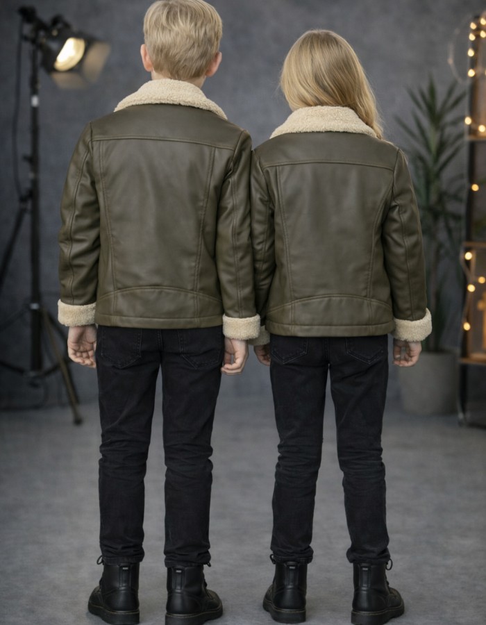 5128 جاكيت جلد ياقة فرو ولادي  - Khaki