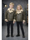 Unisex Kinder Lederjacke mit Fellfutter 5128  - Khaki