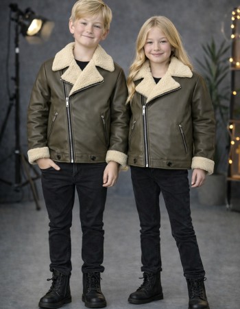 Kids' Unisex Fur-Lined Leather Jacket 5128  - khaki