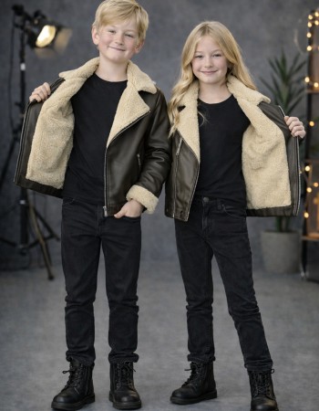 Kids' Unisex Fur-Lined Leather Jacket 5128  - khaki