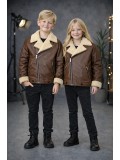 Unisex Kinder Lederjacke mit Fellfutter 5128  - Mausgrau