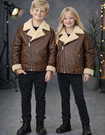 Kids' Unisex Fur-Lined Leather Jacket 5128  - ivory