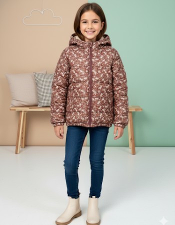 Girls' Floral Winter Jacket with Fur Lining 5130  - brown
