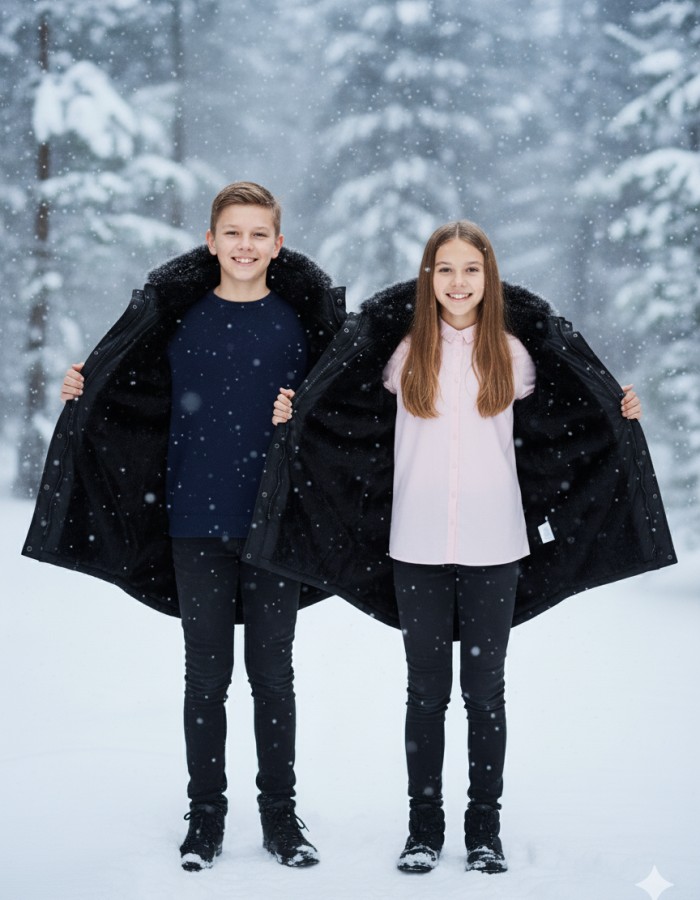Fur-Lined Winter Parka Jacket for Kids 5138 - black