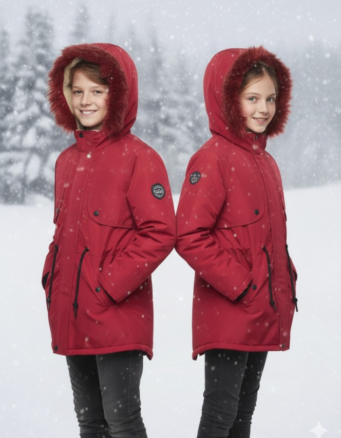 Fur-Lined Winter Parka Jacket for Kids 5138 - red