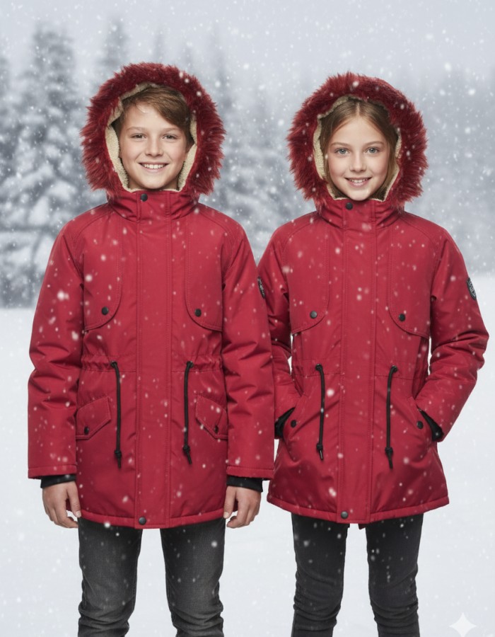 Fur-Lined Winter Parka Jacket for Kids 5138 - red