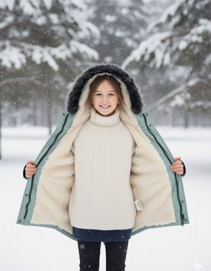 Fur-Lined Winter Parka Jacket for Kids 5138 - mint