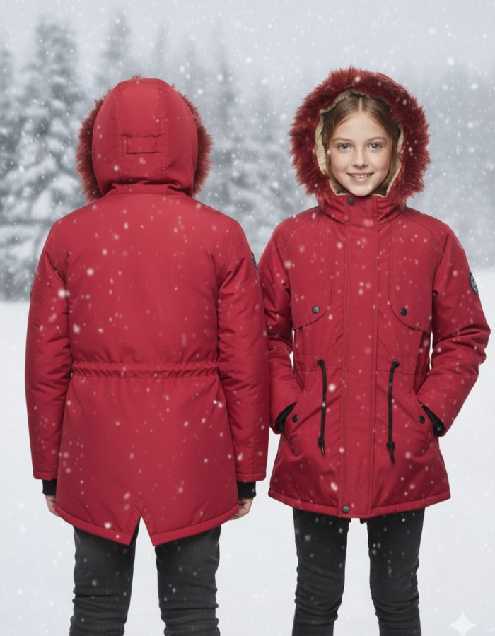 Fur-Lined Winter Parka Jacket for Kids 5138 - red