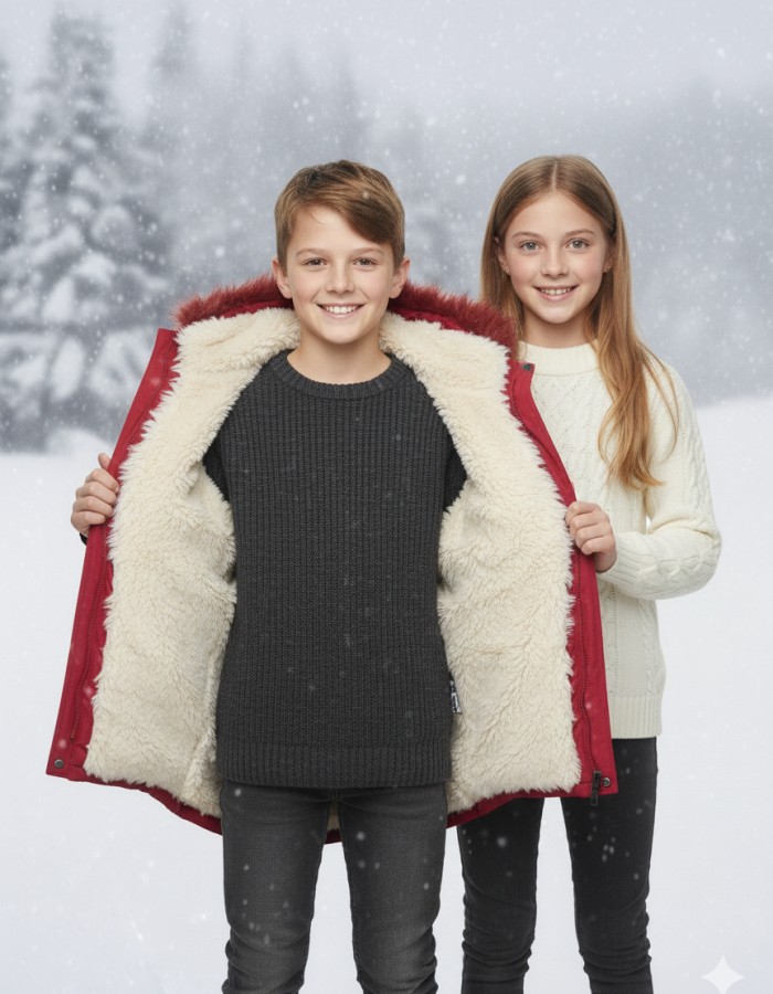 Fur-Lined Winter Parka Jacket for Kids 5138 - red