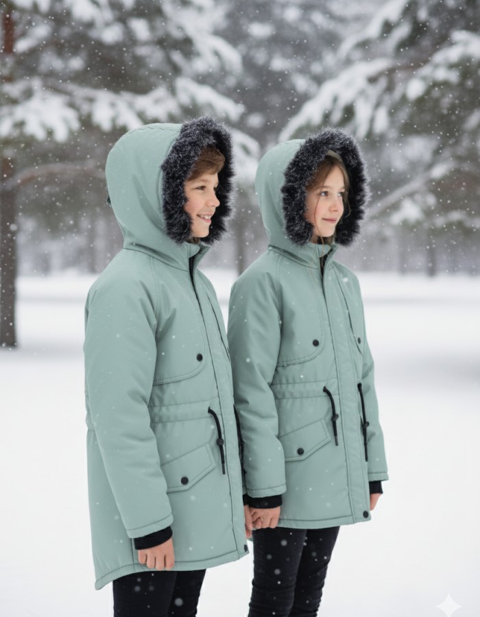 Fur-Lined Winter Parka Jacket for Kids 5138 - mint