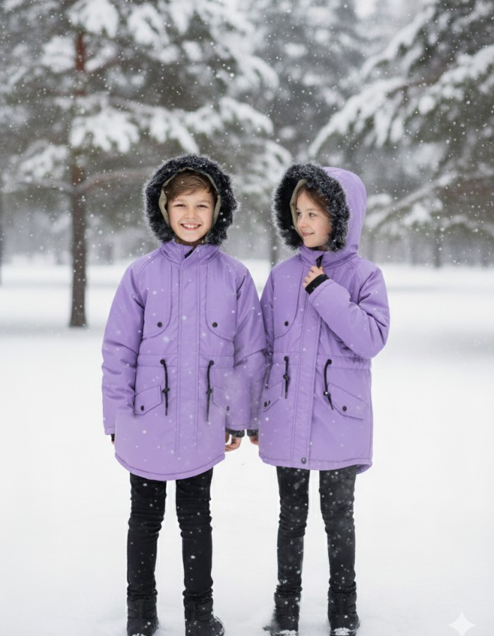 Fur-Lined Winter Parka Jacket for Kids 5138 - purpul