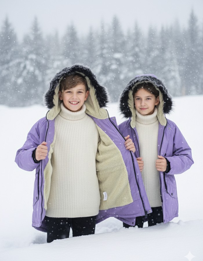 Fur-Lined Winter Parka Jacket for Kids 5138 - purpul
