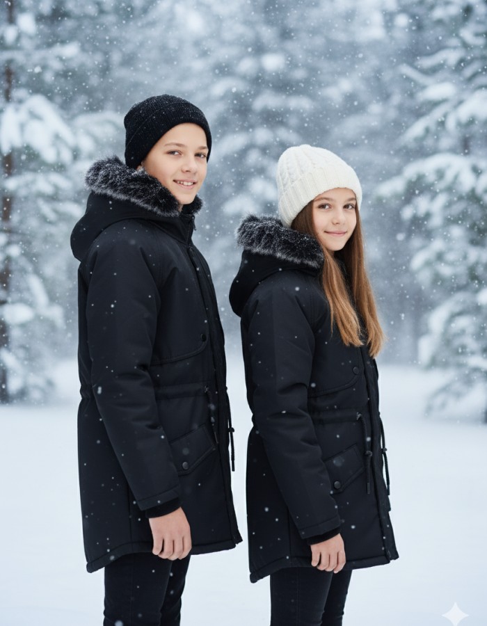 Fur-Lined Winter Parka Jacket for Kids 5138 - black