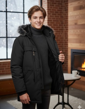 Teens' Sherpa-Lined Winter Parka Jacket 5140 - black