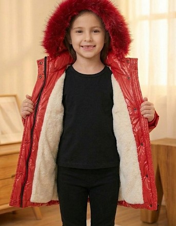 Glänzende Mädchen-Winterjacke mit warmem Fellfutter (Mehrere Farben) 5150  - Rot