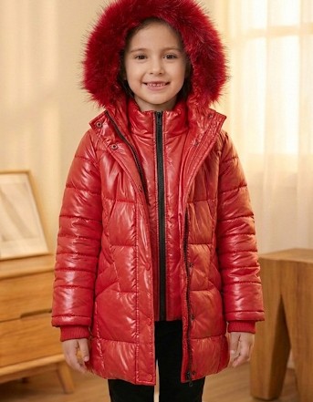 Glänzende Mädchen-Winterjacke mit warmem Fellfutter (Mehrere Farben) 5150  - Rot
