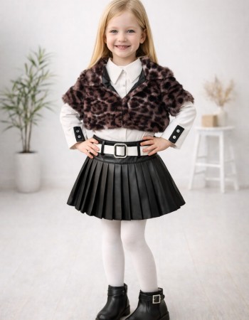 Girls 3-Piece Set Faux Fur Jacket and Leather Skirt 3503 - brown
