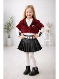 Mädchen 3-teiliges Set Pelzjacke und Lederrock 3503 - Bordeaux
