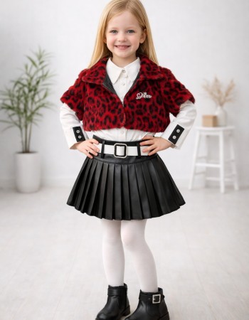 Mädchen 3-teiliges Set Pelzjacke und Lederrock 3503 - Bordeaux