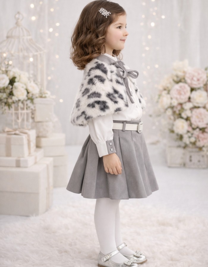 طقم بناتي فرو تنورة 3504 - gray
