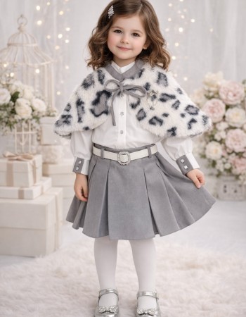 Girls Skirt and Blouse Set with Fur Cape 3504 - gray