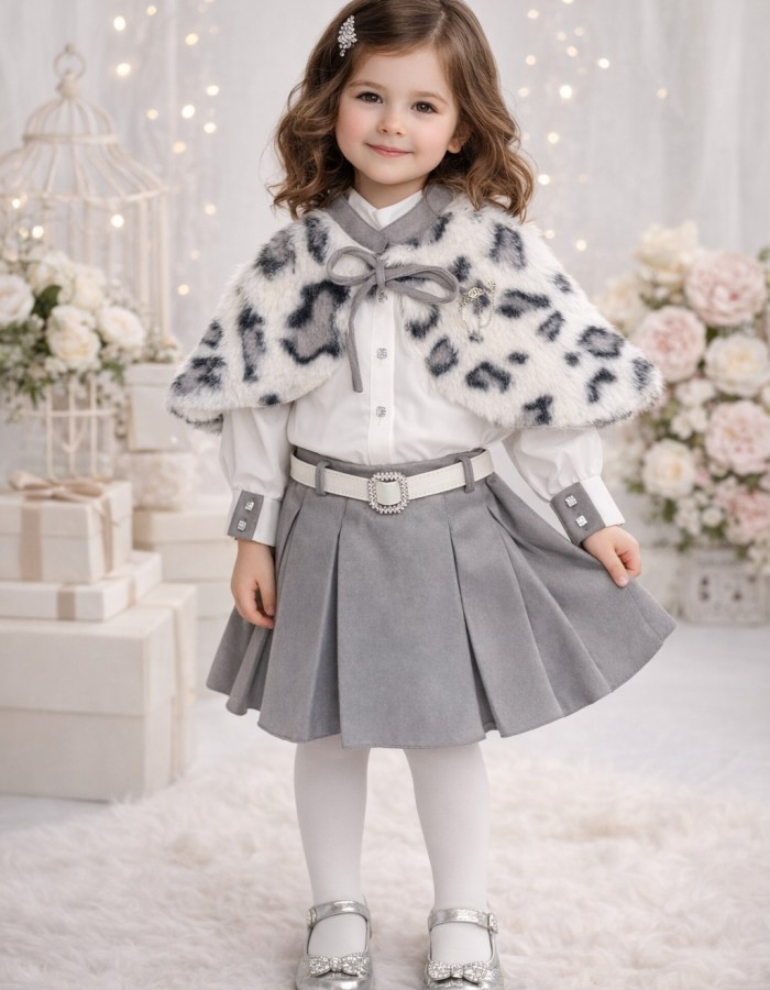 طقم بناتي فرو تنورة 3504 - gray