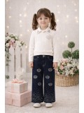 Girls 3-Piece Set Wool Sweater, Shirt, and Wide-Leg Pants 3510 - white