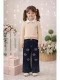 Girls 3-Piece Set Wool Sweater, Shirt, and Wide-Leg Pants 3510 - beige