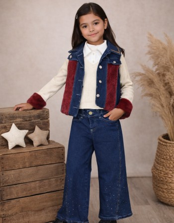 Stylish 3-Piece Girls' Denim Set 3526 - burgundy
