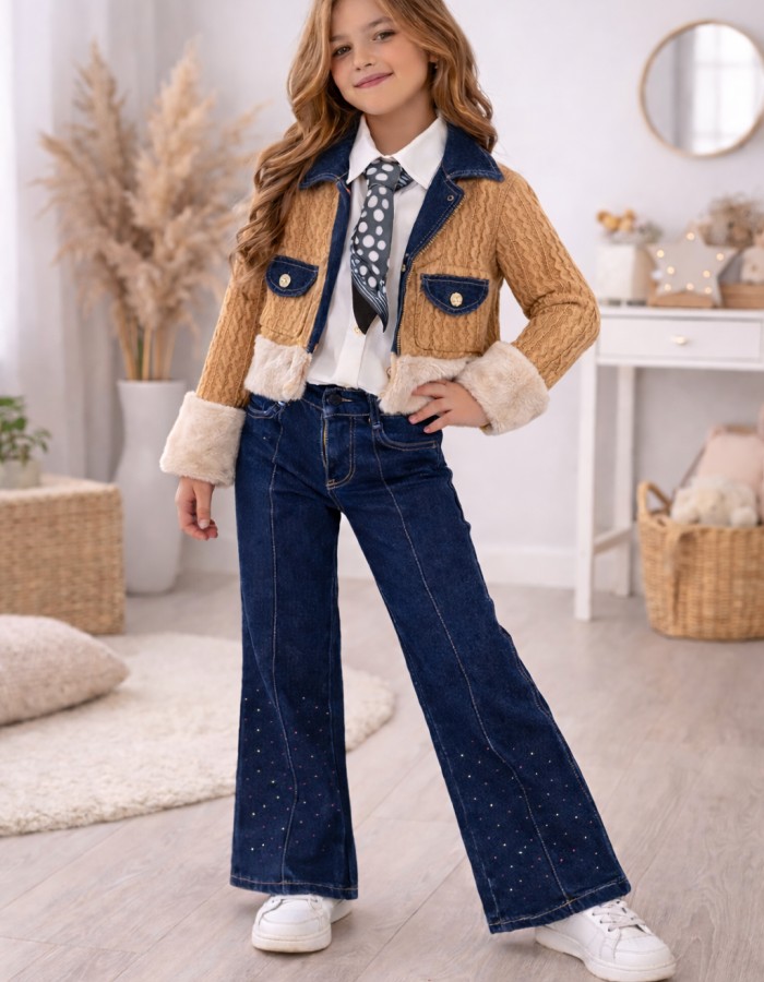 3528 طقم جينز بناتي  - brown