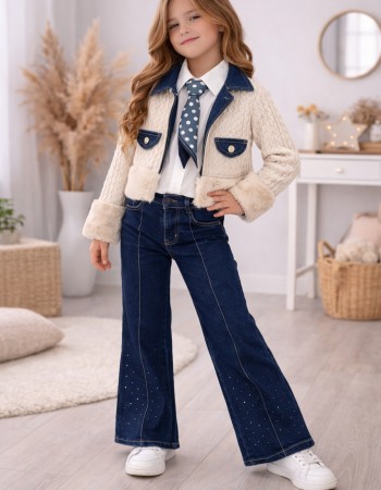 Modisches 3-teiliges Jeans-Set für Mädchen 3528  - Mausgrau