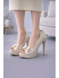 Embellished Bow Platform Peep-Toe Pumps 6306 - white