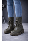 Leather Lace-Up Combat Boots with Lug Sole 6319 - khaki