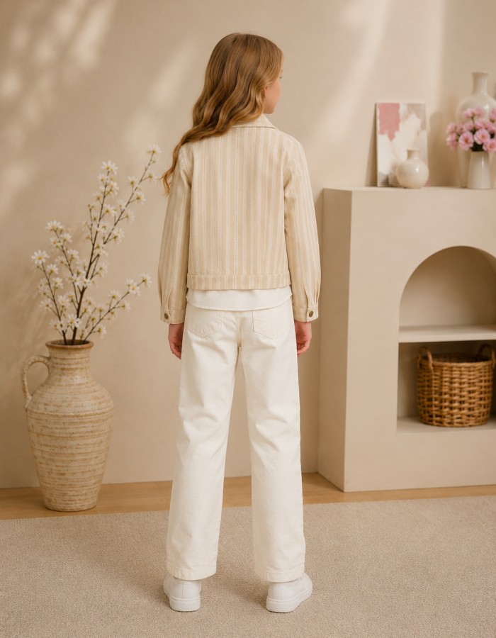 3542  طقم بناتي مقلم قصب - Beige