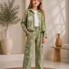 3546  طقم بناتي كتان تطريز - mint