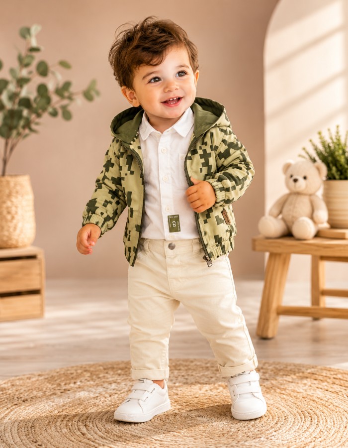 3568  طقم صبياني براشوت دومينو - Khaki