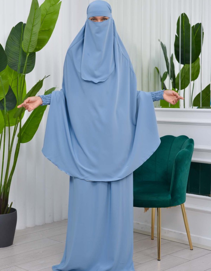 Muslim Dresses For Women ,Abayas Prayer Islamic Clothes Long dress Hijab Bonnet 2Pieces Sleeve Hijab Sheet 822 Bebe Mavi